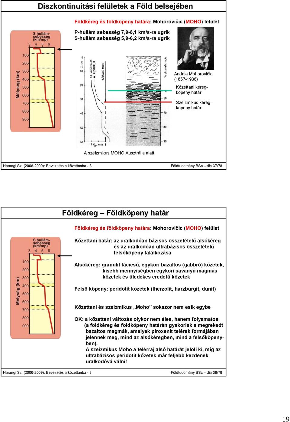 (2006-2009): Bevezetés a kőzettanba - 3 Földtudomány BSc dia 37/78 Földkéreg Földköpeny határ Földkéreg és földköpeny határa: Mohorovičic (MOHO) felület Kőzettani határ: az uralkodóan bázisos