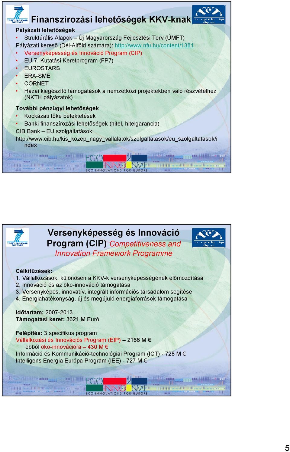 Kutatási Keretprogram (FP7) EUROSTARS ERA-SME CORNET Hazai kiegészítı támogatások a nemzetközi projektekben való részvételhez (NKTH pályázatok) További pénzügyi lehetıségek Kockázati tıke