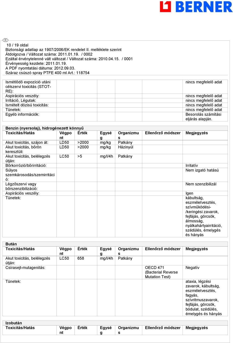 belélegzés LC50 >5 mg/l/4h Patkány útján: Bőrkorrózió/bőrirritáció: Súlyos szemkárosodás/szemirritáci ó: Légzőszervi vagy bőrszenzibilizáció: Aspirációs veszély: Tünetek: Ellenőrző módszer Besorolás