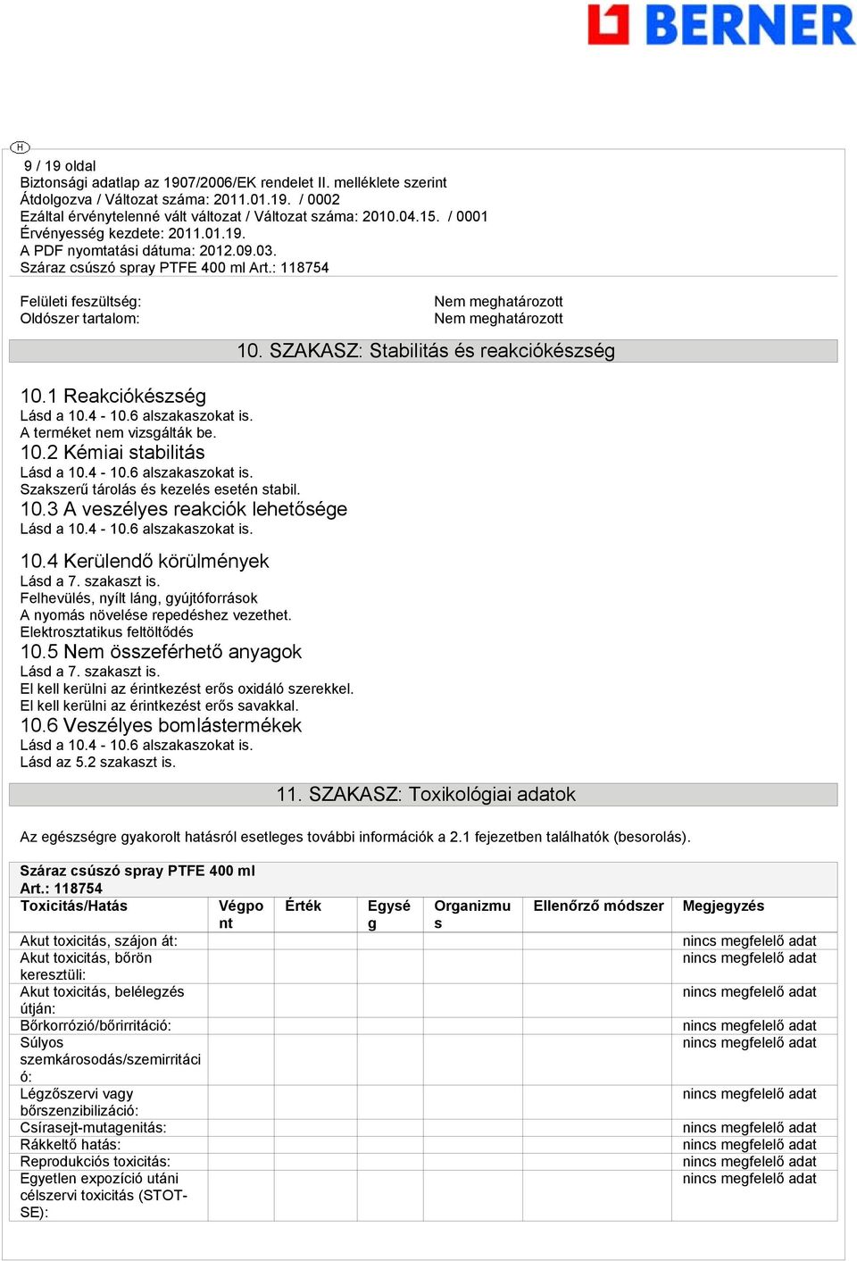 Felhevülés, nyílt láng, gyújtóforrások A nyomás növelése repedéshez vezethet. Elektrosztatikus feltöltődés 10.5 Nem összeférhető anyagok Lásd a 7. szakaszt is.