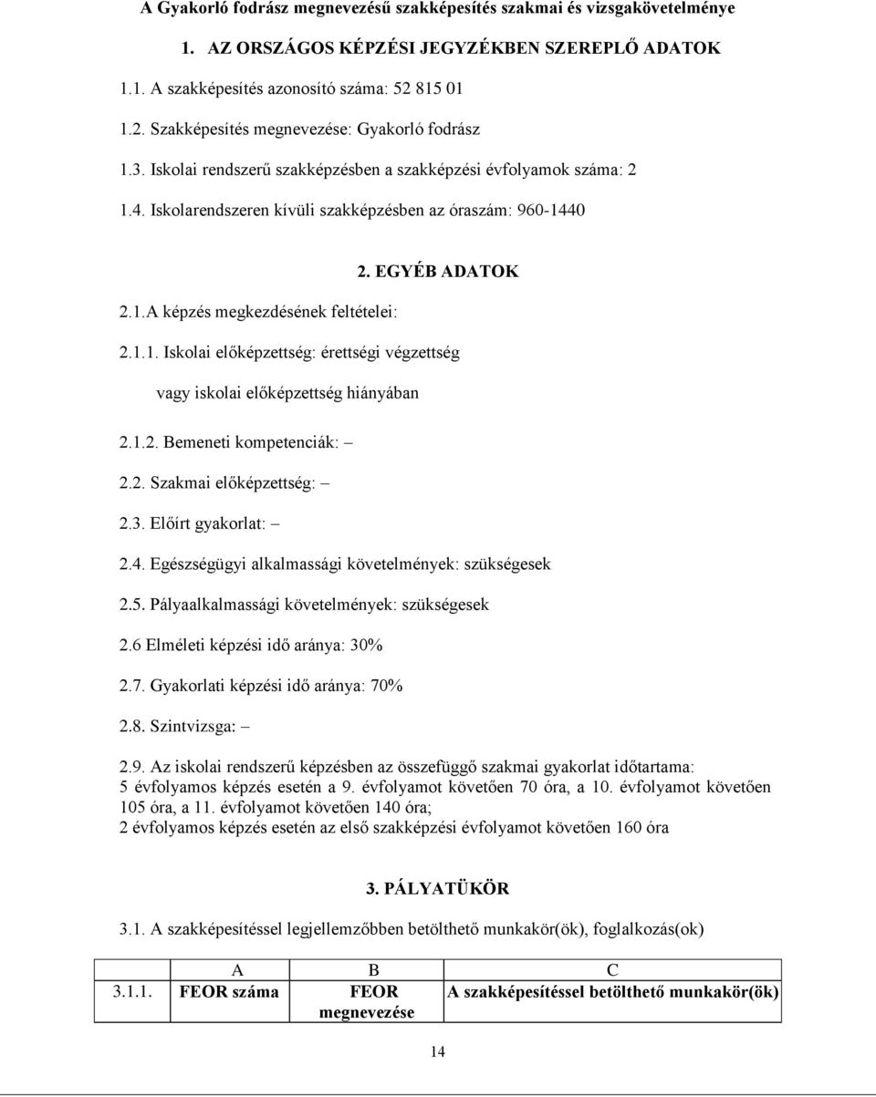 EGYÉB ADATOK 2.1.A képzés megkezdésének feltételei: 2.1.1. Iskolai előképzettség: érettségi végzettség vagy iskolai előképzettség hiányában 2.1.2. Bemeneti kompetenciák: 2.2. Szakmai előképzettség: 2.