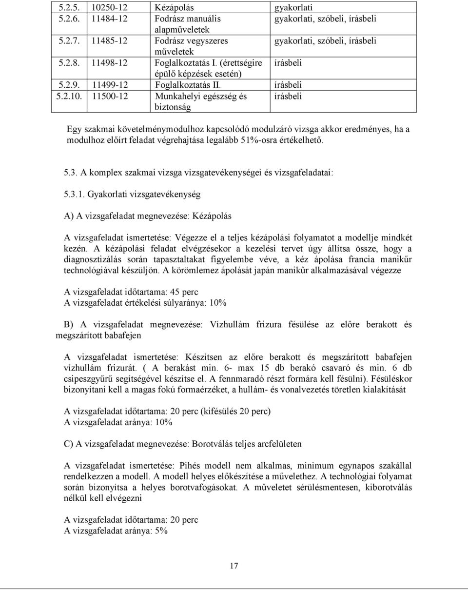 11500-12 Munkahelyi egészség és biztonság írásbeli Egy szakmai követelménymodulhoz kapcsolódó modulzáró vizsga akkor eredményes, ha a modulhoz előírt feladat végrehajtása legalább 51%-osra