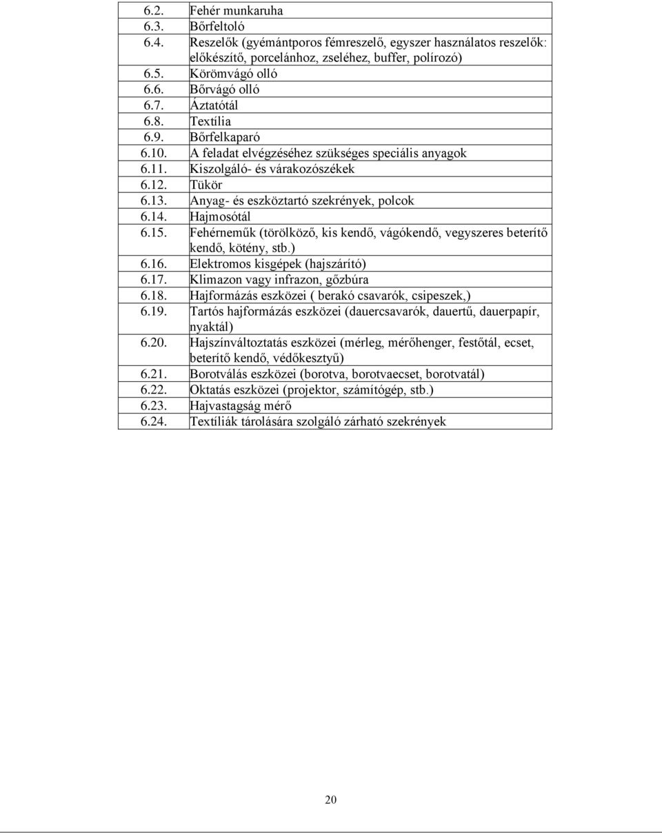 14. Hajmosótál 6.15. Fehérneműk (törölköző, kis kendő, vágókendő, vegyszeres beterítő kendő, kötény, stb.) 6.16. Elektromos kisgépek (hajszárító) 6.17. Klimazon vagy infrazon, gőzbúra 6.18.