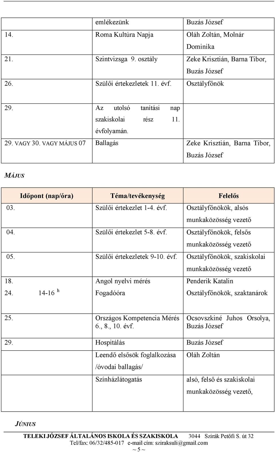 Szülői értekezlet 5-8. évf. Osztályfőnökök, felsős 05. Szülői értekezletek 9-10. évf. Osztályfőnökök, szakiskolai 18. Angol nyelvi mérés Penderik Katalin 24.