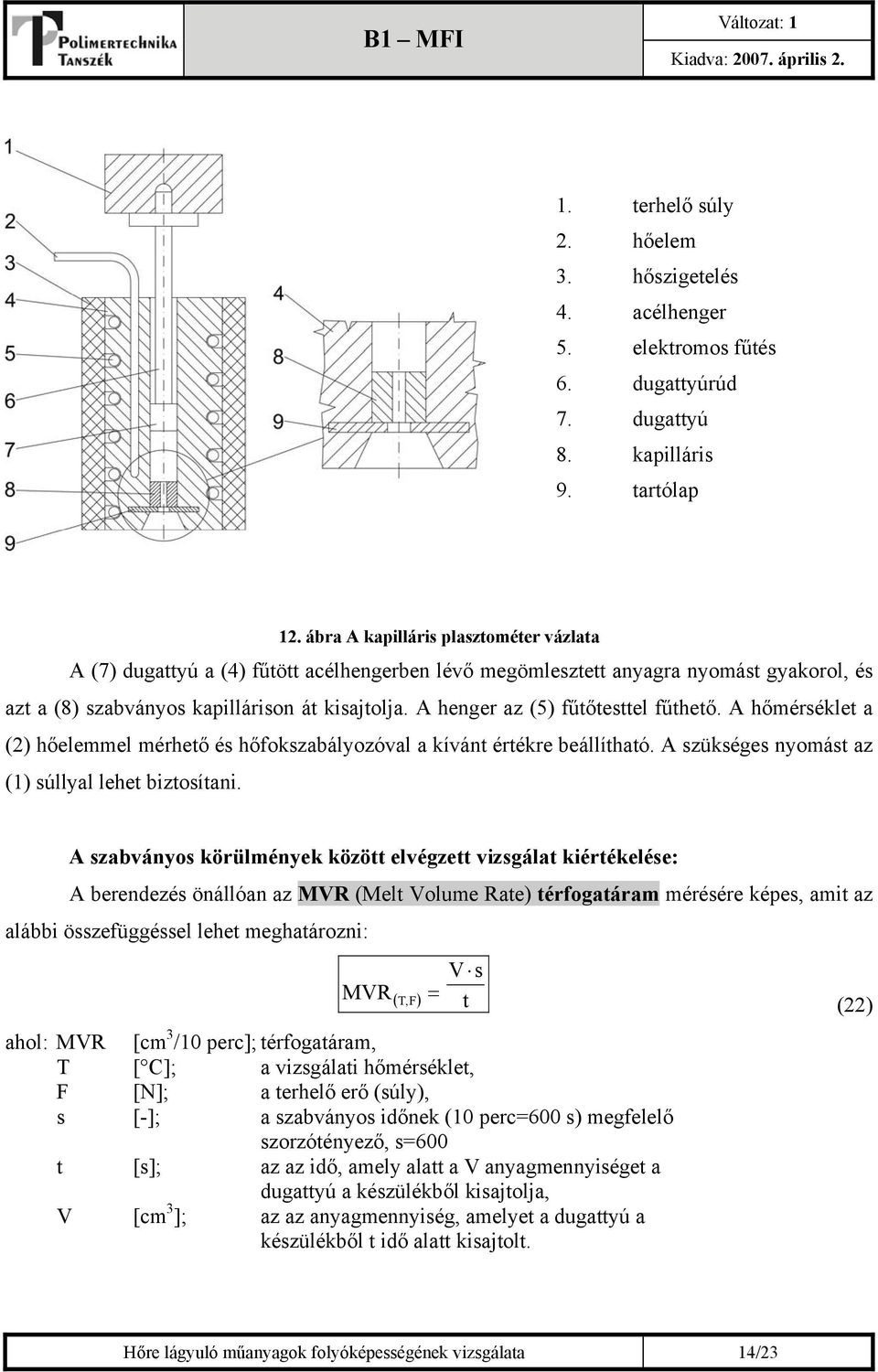 A henger az (5) fűtőtesttel fűthető. A hőmérséklet a (2) hőelemmel mérhető és hőfokszabályozóval a kívánt értékre beállítható. A szükséges nyomást az (1) súllyal lehet biztosítani.