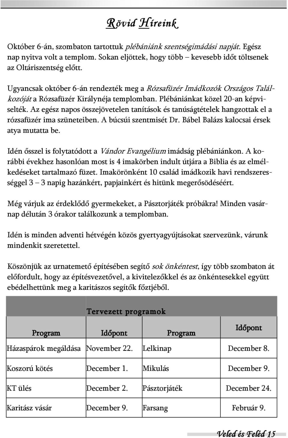 Az egész napos összejövetelen tanítások és tanúságtételek hangzottak el a rózsafüzér ima szüneteiben. A búcsúi szentmisét Dr. Bábel Balázs kalocsai érsek atya mutatta be.