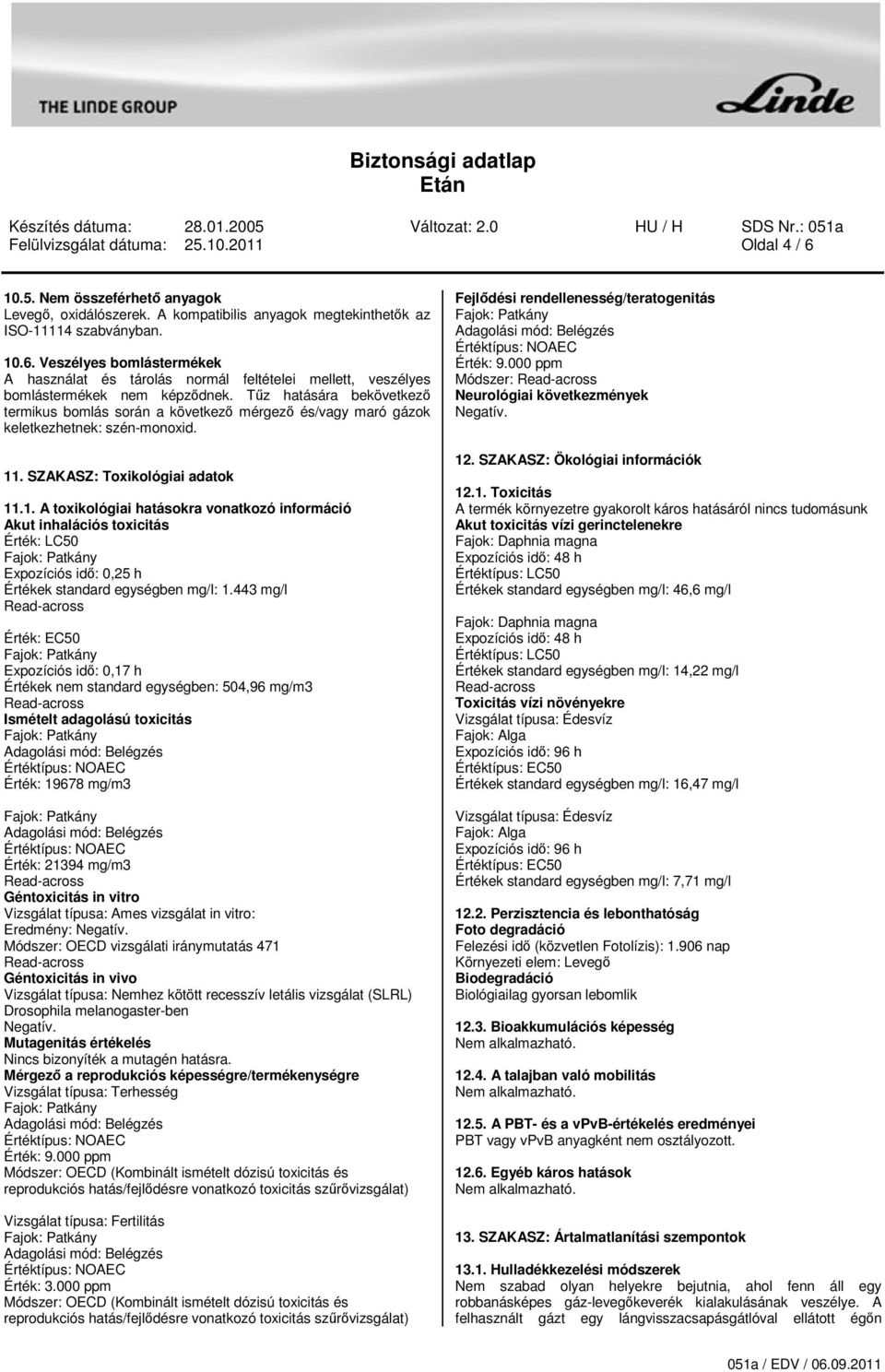 . SZAKASZ: Toxikológiai adatok 11.1. A toxikológiai hatásokra vonatkozó információ Akut inhalációs toxicitás Érték: LC50 Expozíciós id: 0,25 h Értékek standard egységben mg/l: 1.