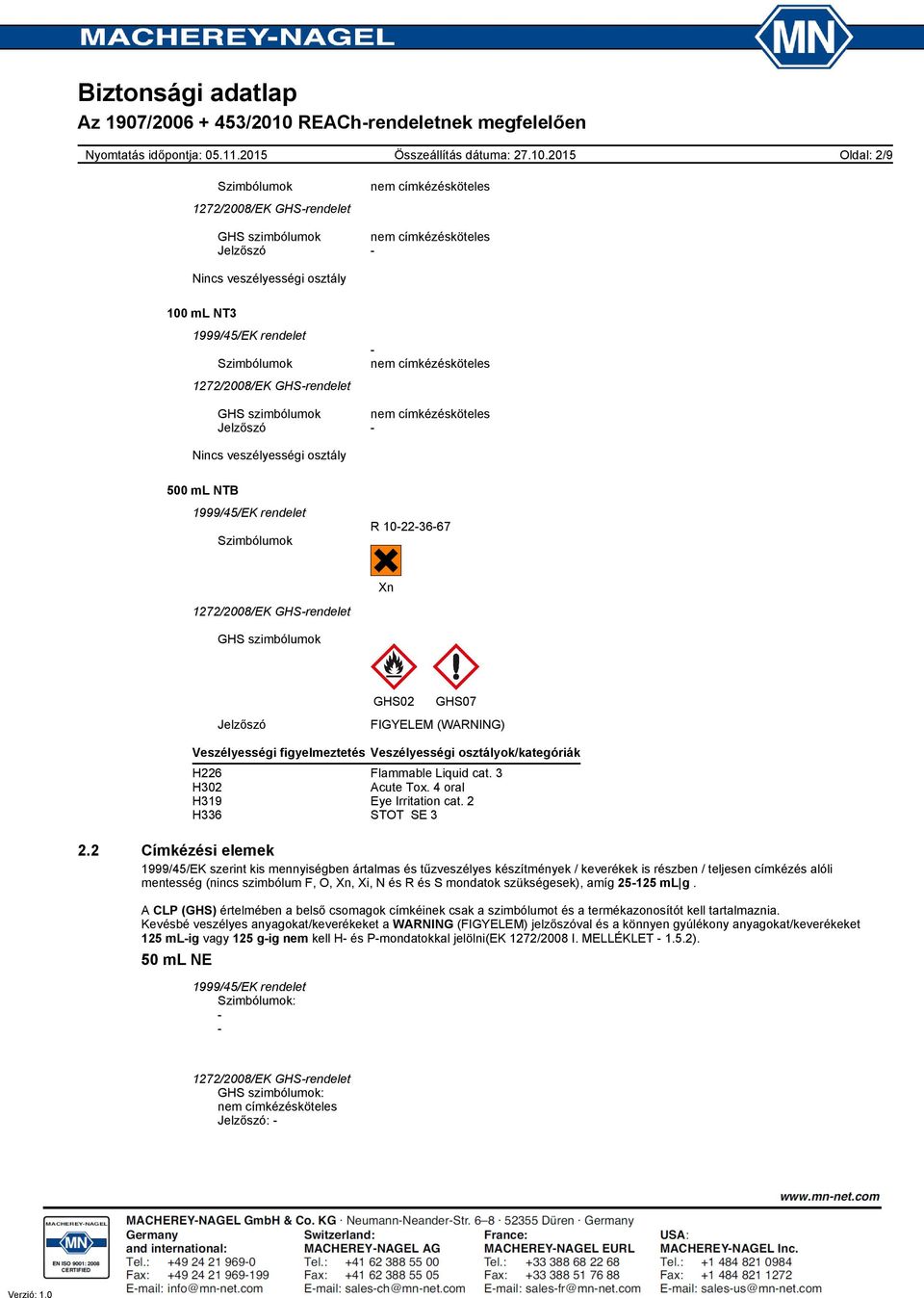 3 H302 Acute Tox. 4 oral H319 Eye Irritation cat. 2 H336 STOT SE 3 2.