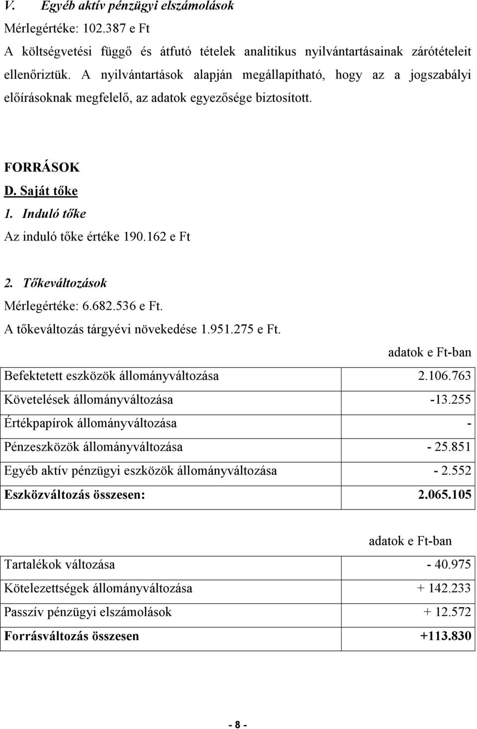 Tőkeváltozások Mérlegértéke: 6.682.536 e Ft. A tőkeváltozás tárgyévi növekedése 1.951.275 e Ft. adatok e Ft-ban Befektetett eszközök állományváltozása 2.106.763 Követelések állományváltozása -13.