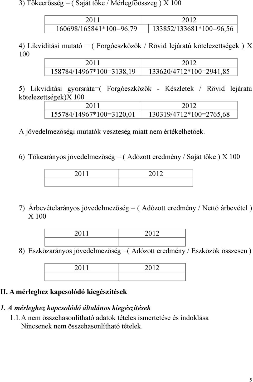 jövedelmezőségi mutatók veszteség miatt nem értékelhetőek.