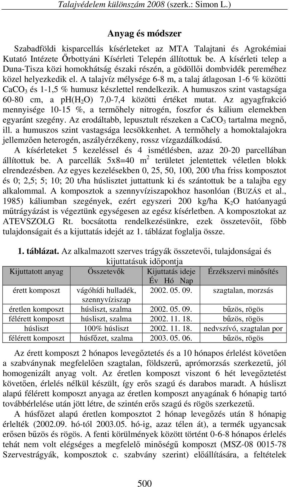 A talajvíz mélysége 6-8 m, a talaj átlagosan 1-6 % közötti CaCO 3 és 1-1,5 % humusz készlettel rendelkezik. A humuszos szint vastagsága 60-80 cm, a ph(h 2 O) 7,0-7,4 közötti értéket mutat.