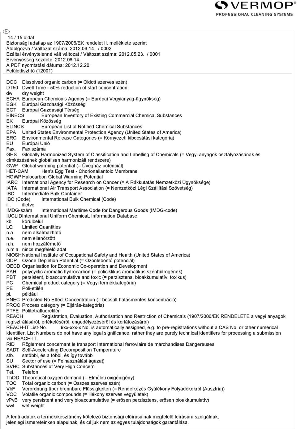 Substances EPA United States Environmental Protection Agency (United States of America) ERC Environmental Release Categories (= Környezeti kibocsátási kategória) EU Európai Unió Fax.