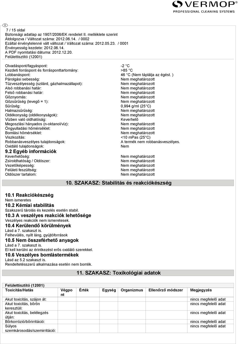 Oldékonyság (oldékonyságok): Vízben való oldhatóság: Keverhető Megoszlási hányados (n-oktanol/víz): Öngyulladási hőmérséklet: Bomlási hőmérséklet: Viszkozitás: <10 mpas (25 C) Robbanásveszélyes