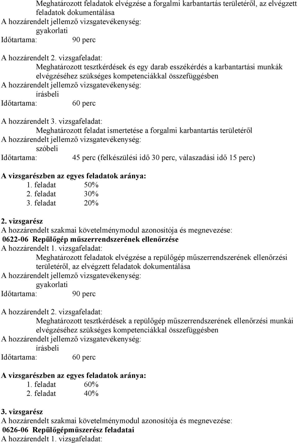 vizsgafeladat: Meghatározott feladat ismertetése a forgalmi karbantartás területéről szóbeli Időtartama: 45 perc (felkészülési idő 30 perc, válaszadási idő 15 perc) A vizsgarészben az egyes feladatok