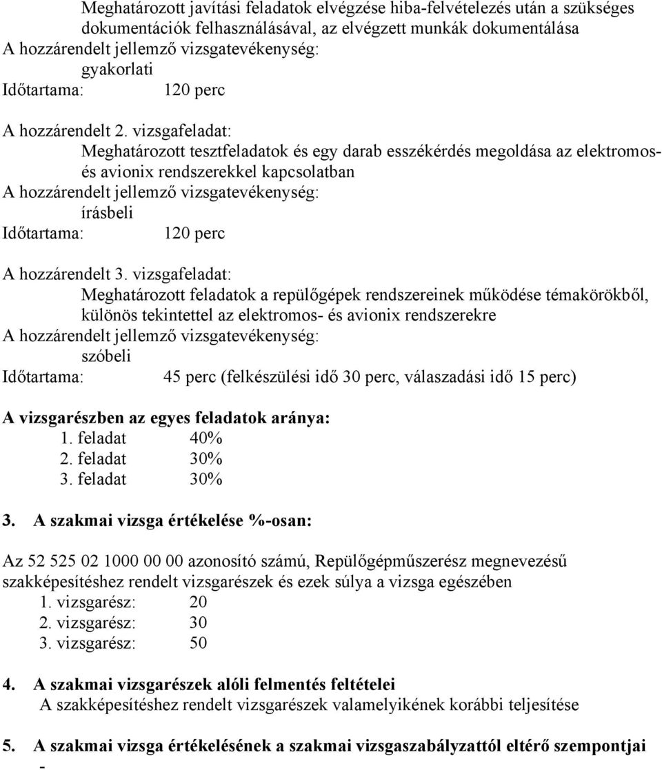 vizsgafeladat: Meghatározott feladatok a repülőgépek rendszereinek működése témakörökből, különös tekintettel az elektromos- és avionix rendszerekre szóbeli Időtartama: 45 perc (felkészülési idő 30