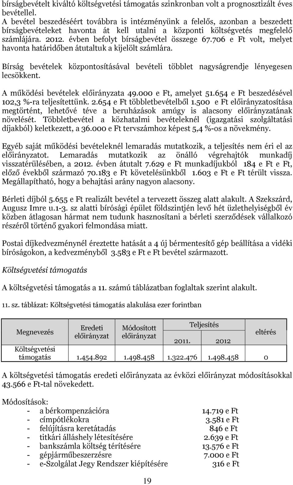 évben befolyt bírságbevétel összege 67.706 e Ft volt, melyet havonta határidőben átutaltuk a kijelölt számlára. Bírság bevételek központosításával bevételi többlet nagyságrendje lényegesen lecsökkent.