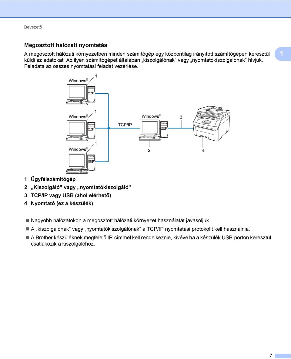 1 1 Ügyfélszámítógép 2 Kiszolgáló vagy nyomtatókiszolgáló 3 TCP/IP vagy USB (ahol elérhető) 4 Nyomtató (ez a készülék) Nagyobb hálózatokon a megosztott hálózati környezet