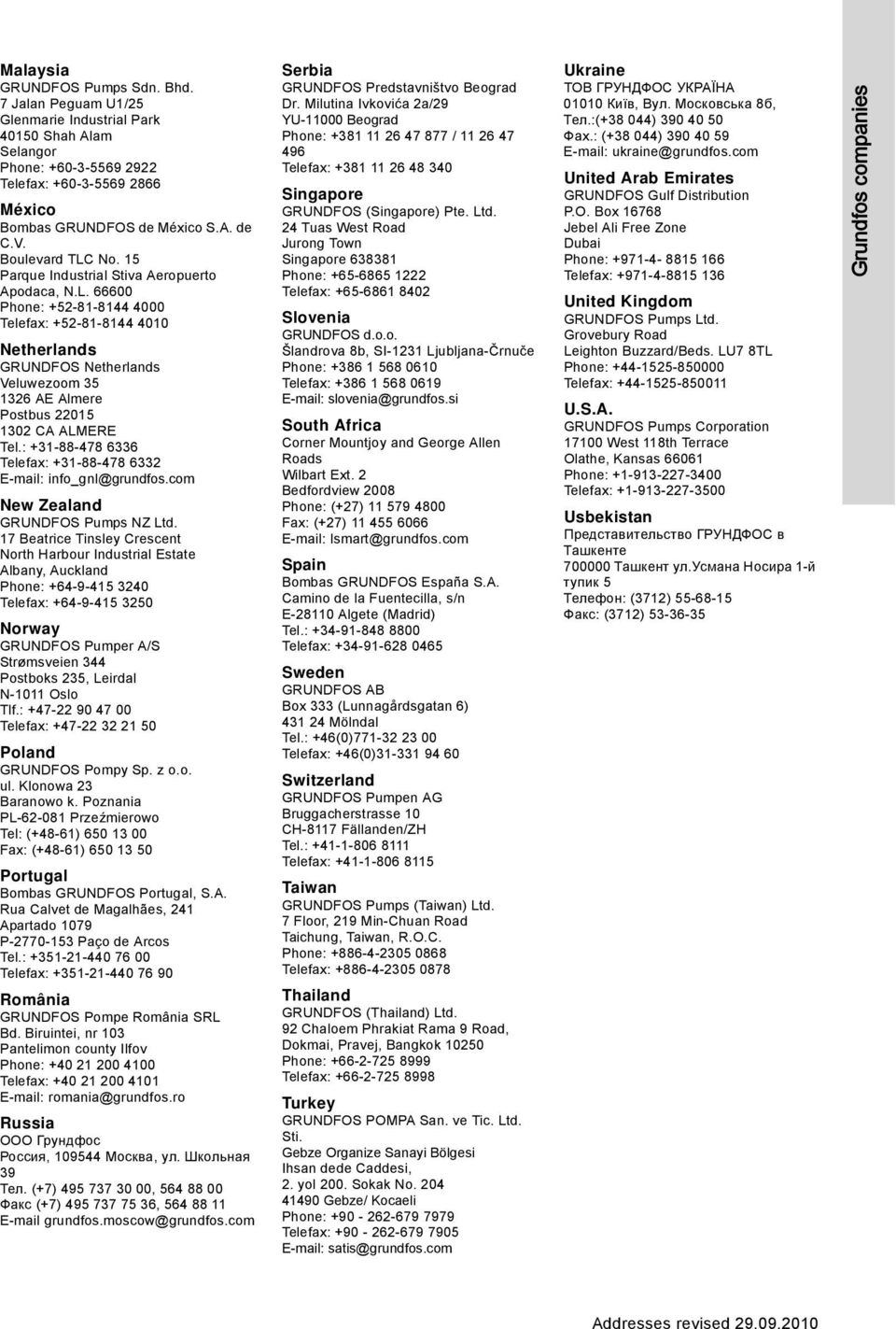 : +31-88-478 6336 Telefax: +31-88-478 6332 E-mail: info_gnl@grundfos.com New Zealand GRUNDFOS Pumps NZ Ltd.