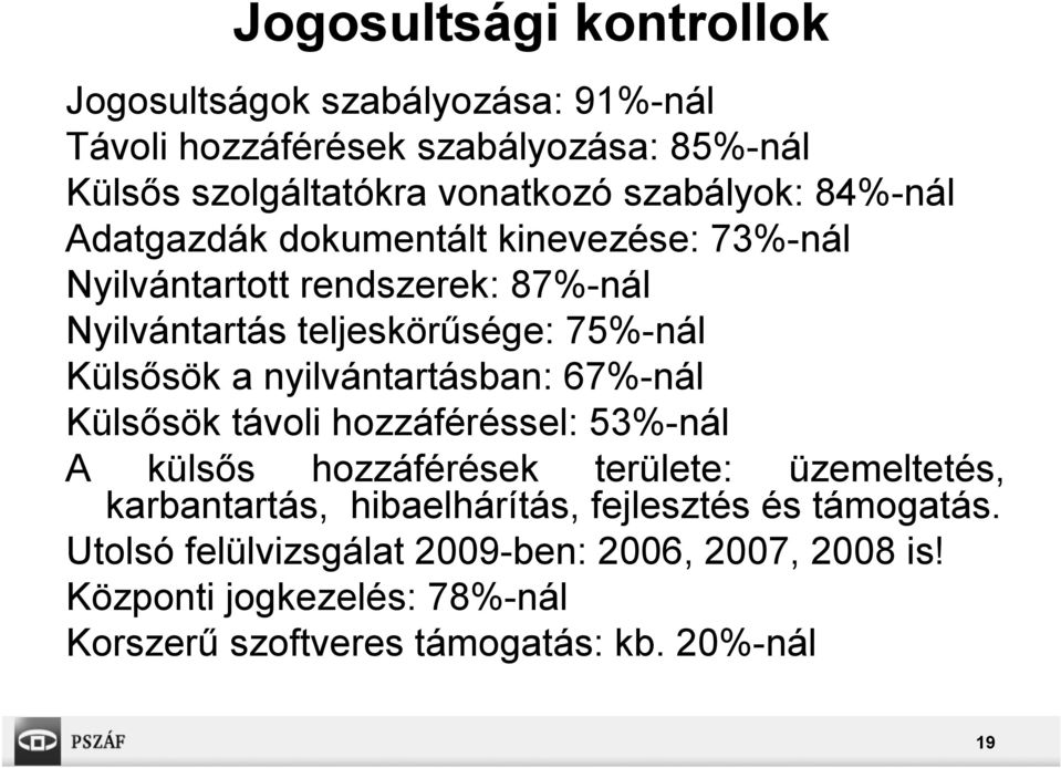 Külsősök a nyilvántartásban: 67%-nál Külsősök távoli hozzáféréssel: 53%-nál A külsős hozzáférések területe: üzemeltetés, karbantartás,