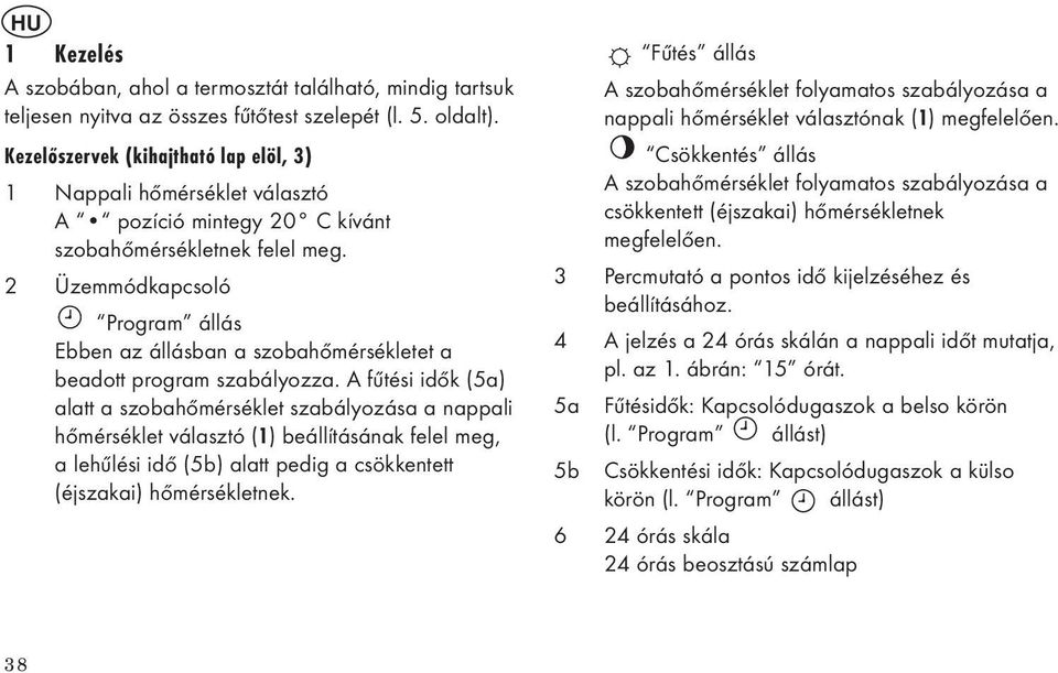 Üzemmódkapcsoló Program állás Ebben az állásban a szobahőmérsékletet a beadott program szabályozza.