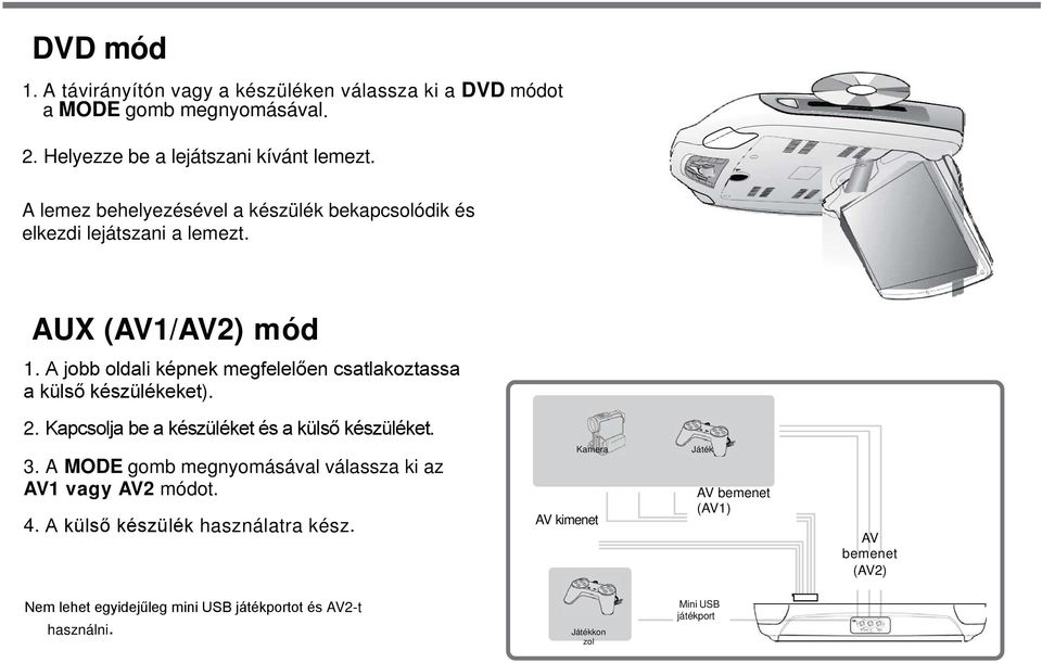 A lemez behelyezésével a készülék bekapcsolódik és elkezdi lejátszani a lemezt. AUX (AV1/AV2) mód 1. ). 2.. 3.