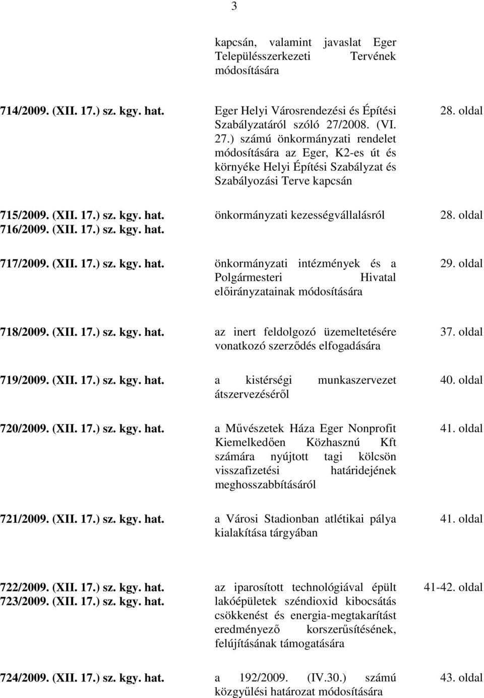 (XII. 17.) sz. kgy. hat. önkormányzati kezességvállalásról 28. oldal 717/2009. (XII. 17.) sz. kgy. hat. önkormányzati intézmények és a Polgármesteri Hivatal előirányzatainak módosítására 29.