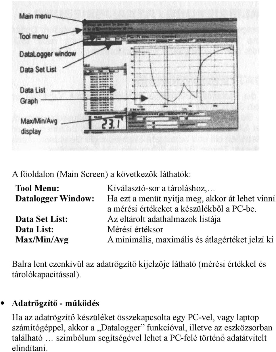 Az eltárolt adathalmazok listája Mérési értéksor A minimális, maximális és átlagértéket jelzi ki Balra lent ezenkívül az adatrögzítő kijelzője látható (mérési értékkel