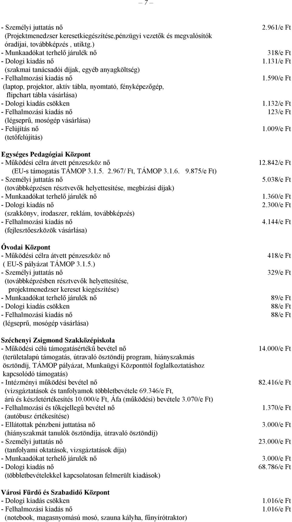 590/e Ft (laptop, projektor, aktív tábla, nyomtató, fényképezőgép, flipchart tábla vásárlása) - Dologi kiadás csökken 1.132/e Ft 123/e Ft (légseprű, mosógép vásárlása) - Felújítás nő 1.