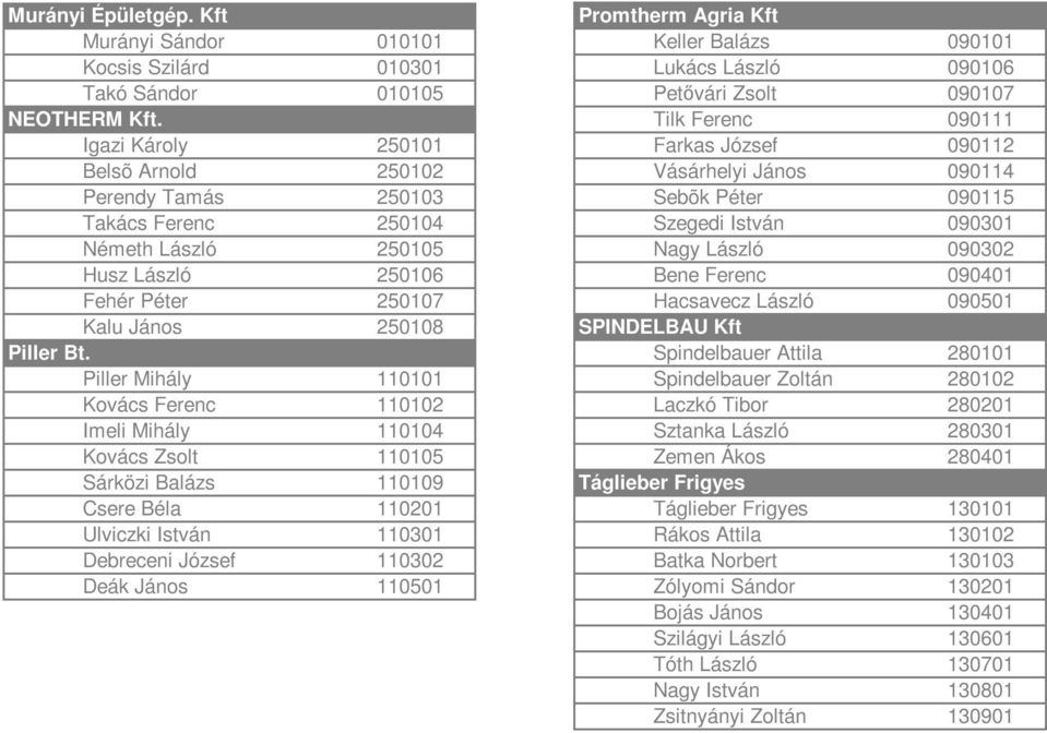 László 250105 Nagy László 090302 Husz László 250106 Bene Ferenc 090401 Fehér Péter 250107 Hacsavecz László 090501 Kalu János 250108 SPINDELBAU Kft Piller Bt.