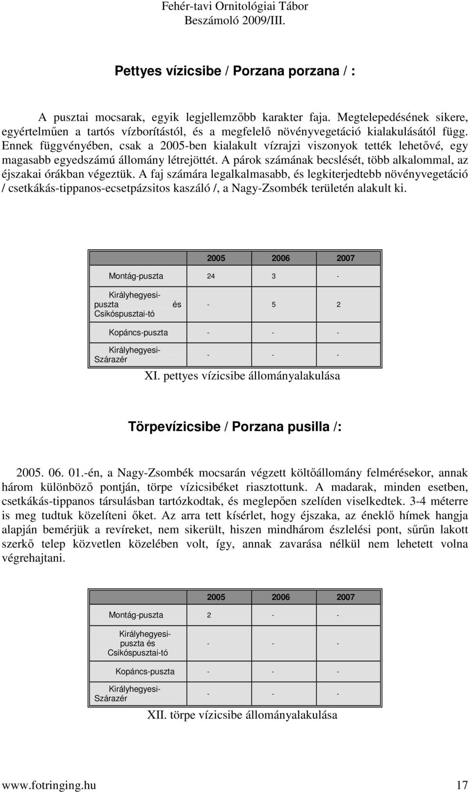 Ennek függvényében, csak a 2005-ben kialakult vízrajzi viszonyok tették lehetővé, egy magasabb egyedszámú állomány létrejöttét. A párok számának becslét, több alkalommal, az éjszakai órákban végeztük.