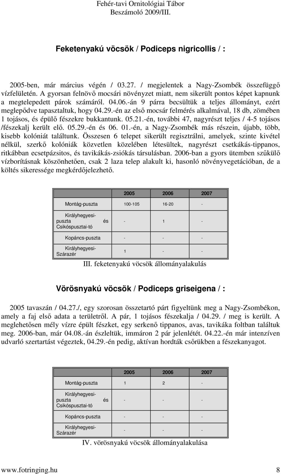 -én az első mocsár felmér alkalmával, 18 db, zömében 1 tojásos, épülő fzekre bukkantunk. 05.21.-én, további 47, nagyrzt teljes / 4-5 tojásos /fzekalj került elő. 05.29.-én 06. 01.