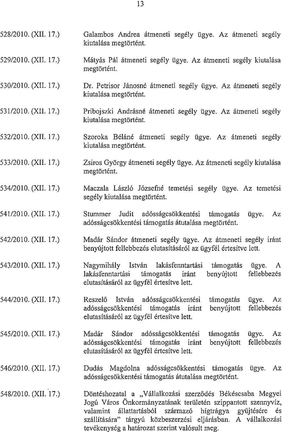 Az átmeneti segély Szoroka Béláné átmeneti segély ügye. Az átmeneti segély Zsiros György átmeneti segély ügye. Az átmeneti segély kiutalása megtörtént. 534/2010. (XII. 17.