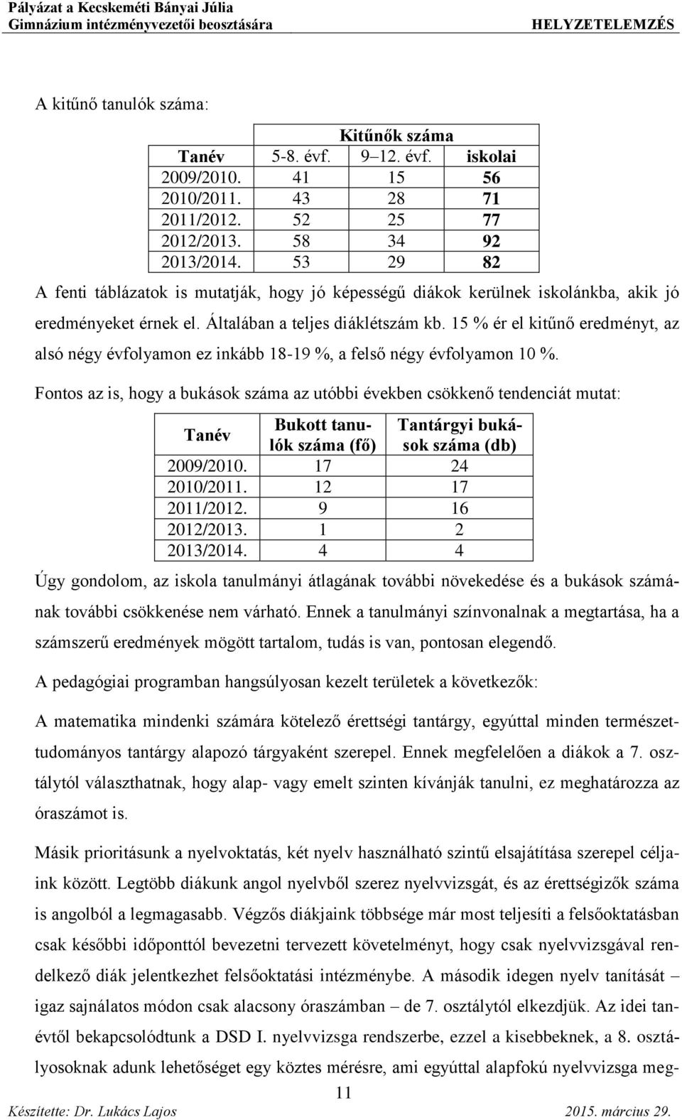 15 % ér el kitűnő eredményt, az alsó négy évfolyamon ez inkább 18-19 %, a felső négy évfolyamon 10 %.