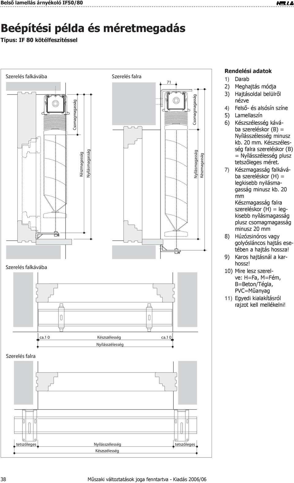 Készszélesség falra szereléskor (B) = Nyílásszélesség plusz tetszőleges méret. falkávába szereléskor (H) = legkisebb nyilásmagasság minusz kb.