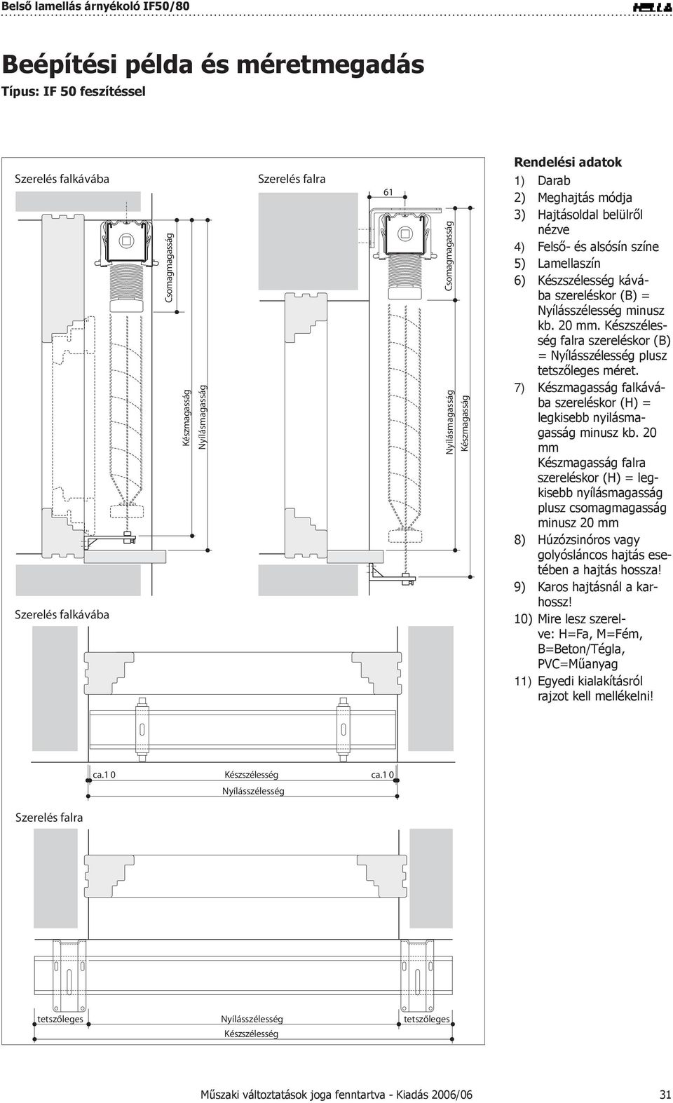 Készszélesség falra szereléskor (B) = Nyílásszélesség plusz tetszőleges méret. falkávába szereléskor (H) = legkisebb nyilásmagasság minusz kb.