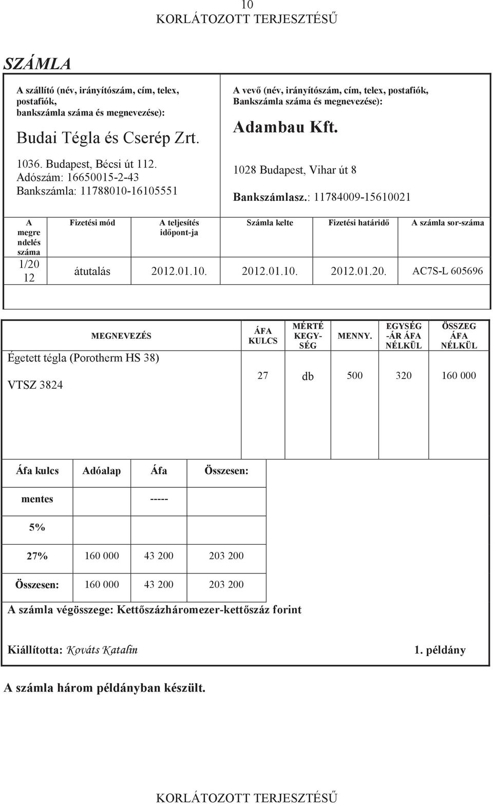 : 11784009-15610021 A megre ndelés száma 1/20 12 Fizetési mód A teljesítés idpont-ja Számla kelte Fizetési határid A számla sor-száma átutalás 2012.01.10. 2012.01.10. 2012.01.20. AC7S-L 605696 MEGNEVEZÉS Égetett tégla (Porotherm HS 38) VTSZ 3824 ÁFA KULCS MÉRTÉ KEGY- SÉG MENNY.