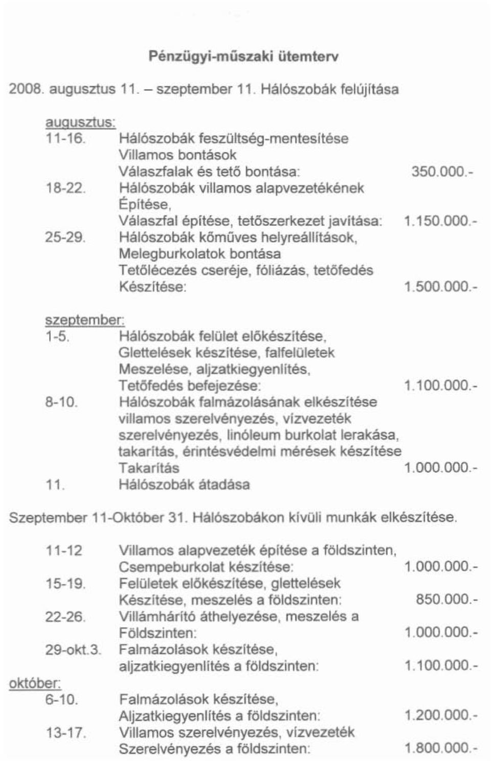 Ha16szobak komuves helyreallitasok, Melegburkolatok bontasa TetOlecezes csereje, f6liazas, tetofedes Keszftese: 1.500.000. szeplember: 1-5. Hal6szobak feloiet elokesz.