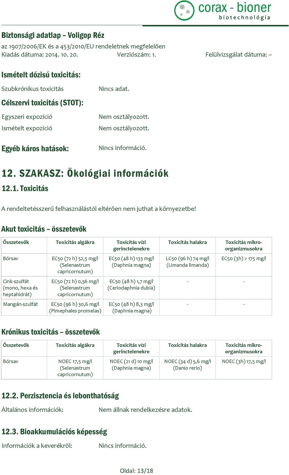 Akut toxicitás összetevők Összetevők Toxicitás algákra Toxicitás vízi gerinctelenekre Bórsav Cink-szulfát (mono, hexa és heptahidrát) Mangán-szulfát EC50 (72 h) 52,5 mg/l (Selenastrum capricornutum)