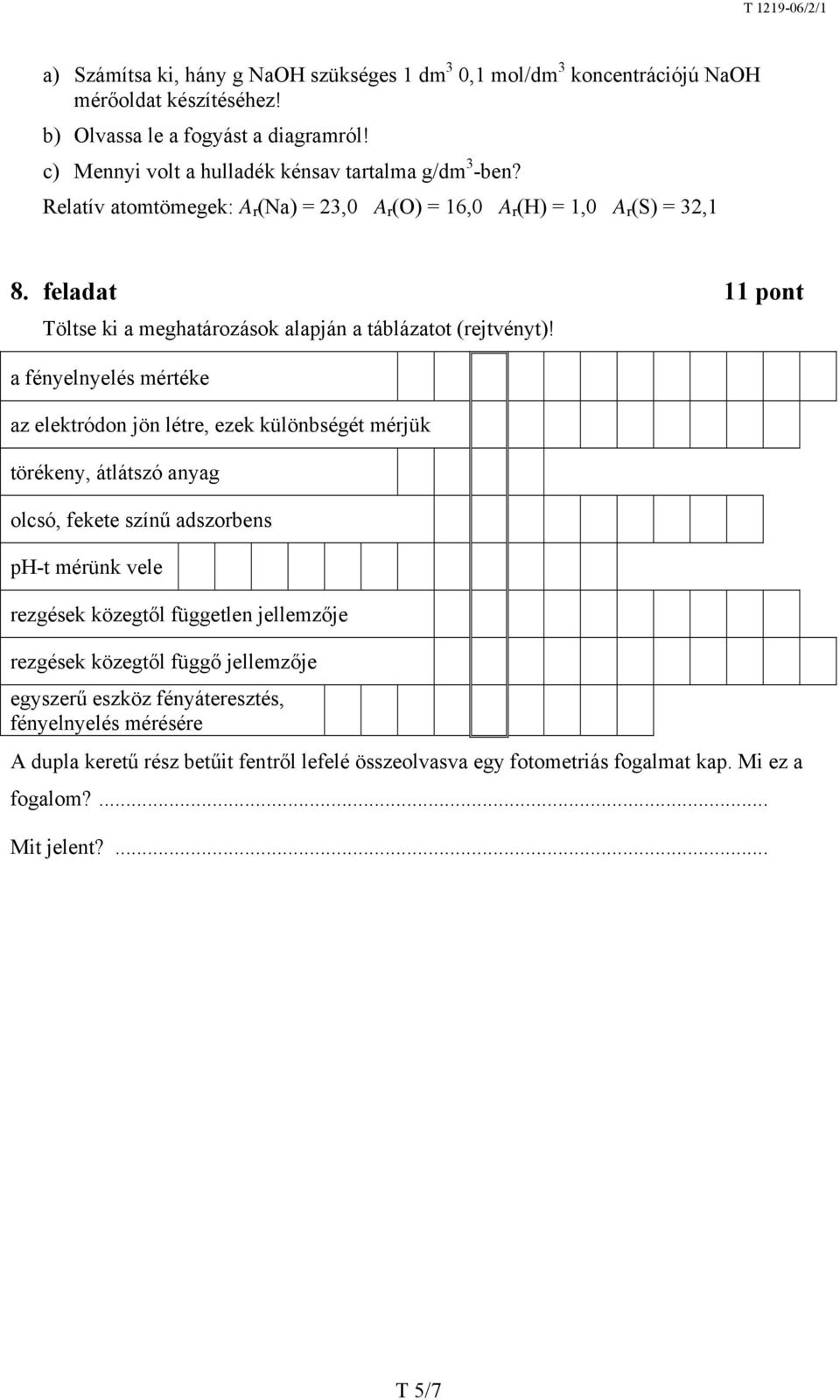 feladat 11 pont Töltse ki a meghatározások alapján a táblázatot (rejtvényt)!