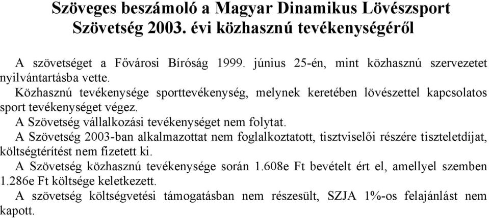 Közhasznú tevékenysége sporttevékenység, melynek keretében lövészettel kapcsolatos sport tevékenységet végez. A Szövetség vállalkozási tevékenységet nem folytat.