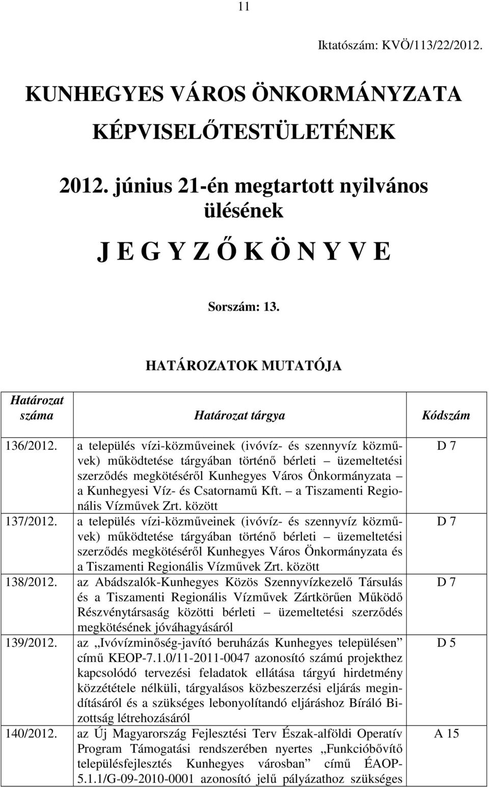 a település vízi-közműveinek (ivóvíz- és szennyvíz közművek) működtetése tárgyában történő bérleti üzemeltetési szerződés megkötéséről Kunhegyes Város Önkormányzata a Kunhegyesi Víz- és Csatornamű