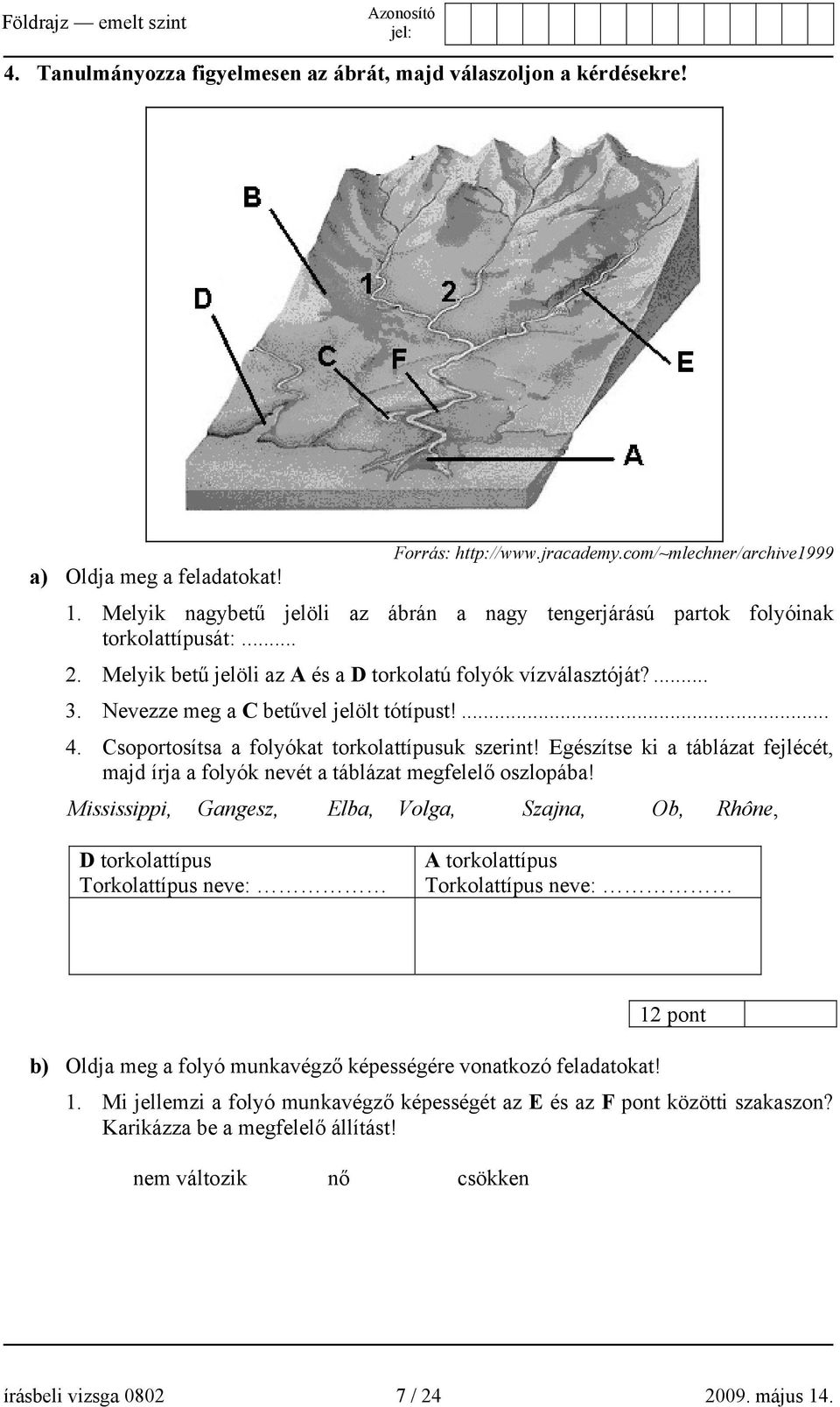 Nevezze meg a C betűvel jelölt tótípust!... 4. Csoportosítsa a folyókat torkolattípusuk szerint! Egészítse ki a táblázat fejlécét, majd írja a folyók nevét a táblázat megfelelő oszlopába!