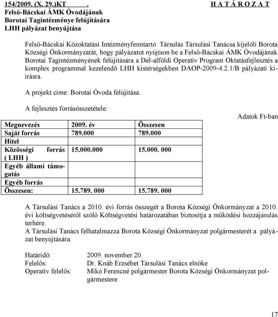 Községi Önkormányzatát, hogy pályázatot nyújtson be a Felső-Bácskai ÁMK Óvodájának Borotai Tagintézményének felújítására a Dél-alföldi Operatív Program Oktatásfejlesztés a komplex programmal