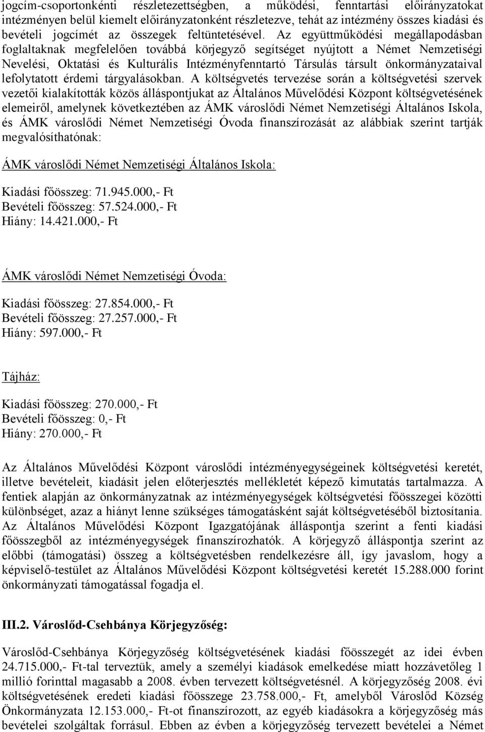 Az együttműködési megállapodásban foglaltaknak megfelelően továbbá körjegyző segítséget nyújtott a Német Nemzetiségi Nevelési, Oktatási és Kulturális Intézményfenntartó Társulás társult