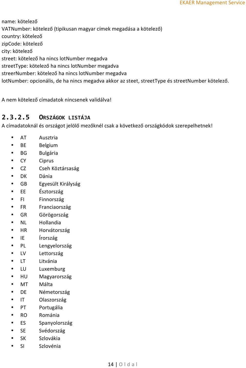 A kötelező címadatok nincsenek validálva! 2.3.2.5 ORSZÁGOK LISTÁJA A címadatoknál és országot jelölő mezőknél csak a következő országkódok szerepelhetnek!