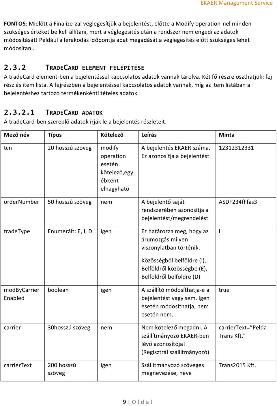 2 TRADECARD ELEMENT FELÉPÍTÉSE A tradecard elementben a bejelentéssel kapcsolatos adatok vannak tárolva. Két fő részre oszthatjuk: fej rész és item lista.