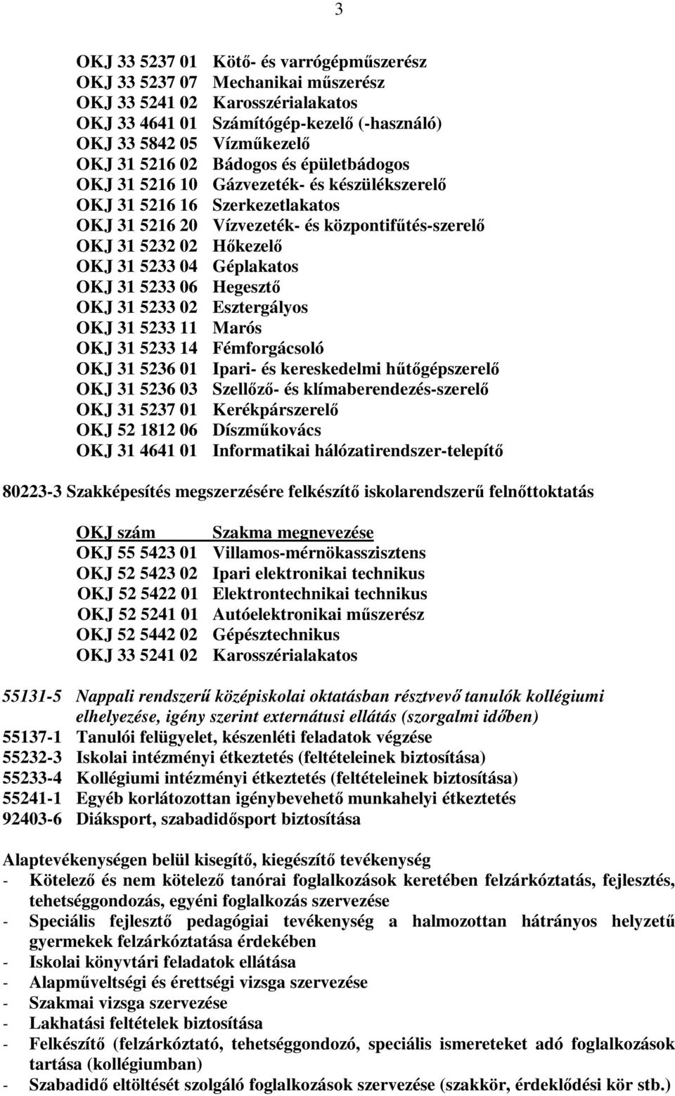 Géplakatos OKJ 31 5233 06 Hegesztő OKJ 31 5233 02 Esztergályos OKJ 31 5233 11 Marós OKJ 31 5233 14 Fémforgácsoló OKJ 31 5236 01 Ipari- és kereskedelmi hűtőgépszerelő OKJ 31 5236 03 Szellőző- és