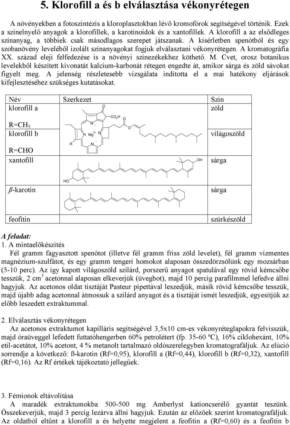 A kísérletben spenótból és egy szobanövény leveléből izolált színanyagokat fogjuk elválasztani vékonyrétegen. A kromatográfia XX. század eleji felfedezése is a növényi színezékekhez köthető. M.