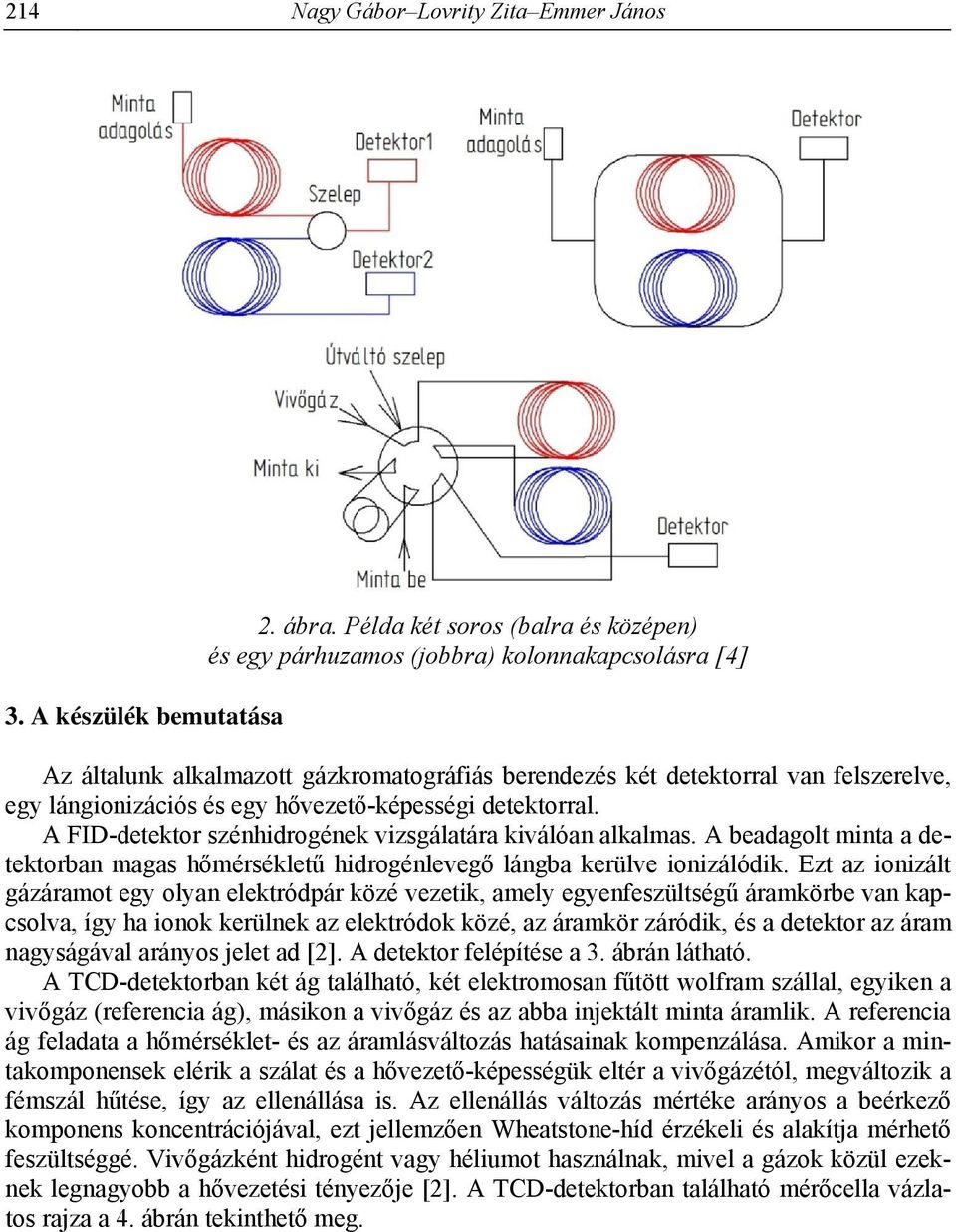 hővezető-képességi detektorral. A FID-detektor szénhidrogének vizsgálatára kiválóan alkalmas. A beadagolt minta a detektorban magas hőmérsékletű hidrogénlevegő lángba kerülve ionizálódik.