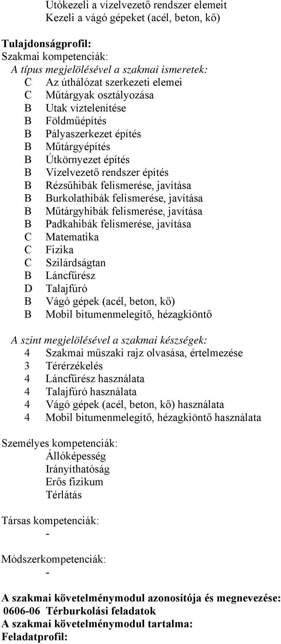 Burkolathibák felismerése, javítása B Műtárgyhibák felismerése, javítása B Padkahibák felismerése, javítása C Matematika C Fizika C Szilárdságtan B Láncfűrész D Talajfúró B Vágó gépek (acél, beton,